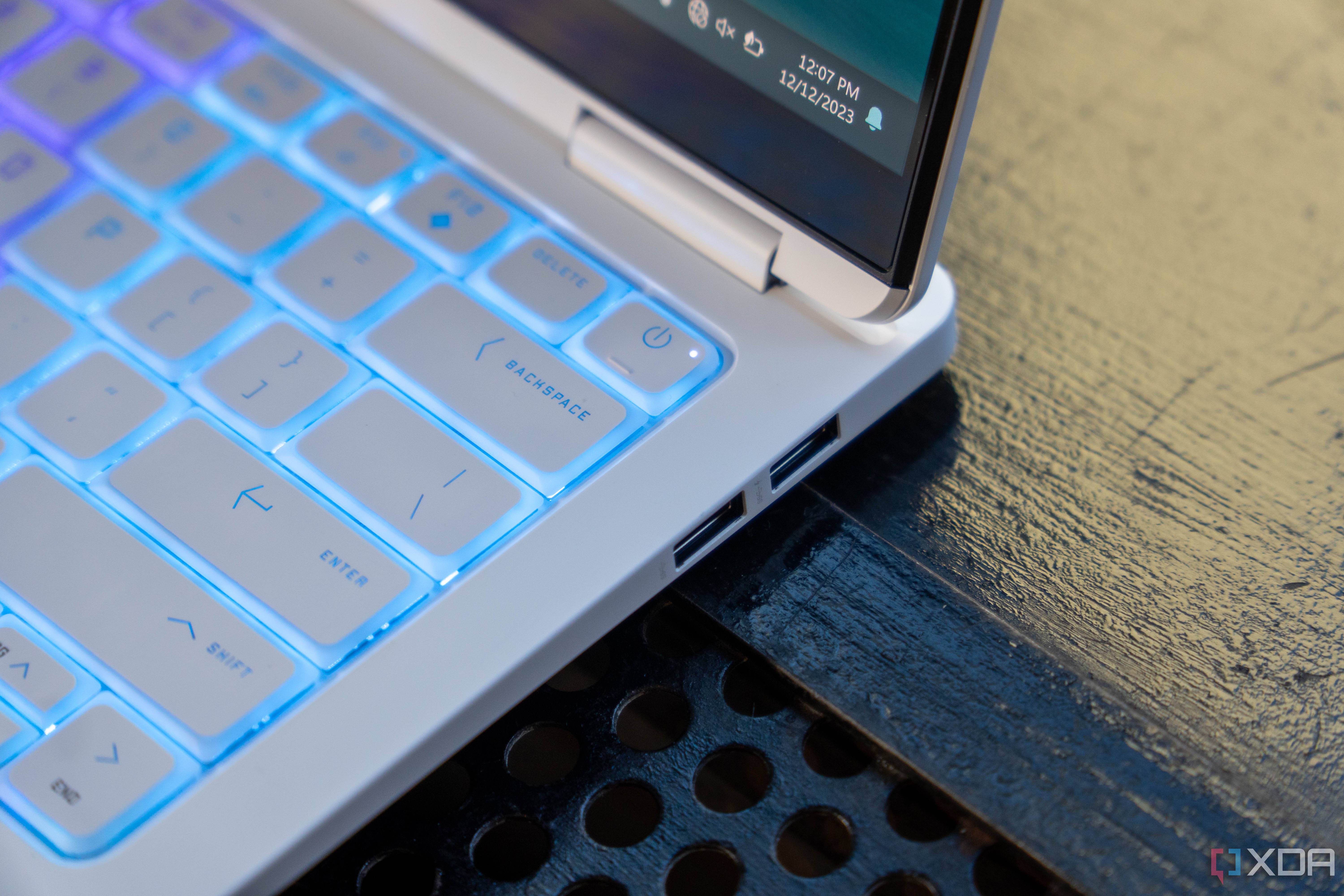 Close-up view of the power key on the Omen Transcend 14