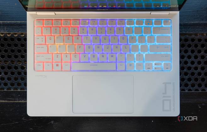 Overhead view of the keyboard on the Omen Transcend 14 with RGB lighting on