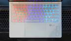 Overhead view of the keyboard on the Omen Transcend 14 with RGB lighting on