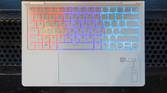 Overhead view of the keyboard on the Omen Transcend 14 with RGB lighting on