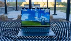 Front view of the HP Spectre x360 14 on a metal table