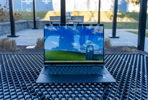 Front view of the HP Spectre x360 14 on a metal table