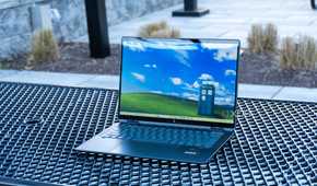 Angled view of the HP Spectre x360 14 on a metal table