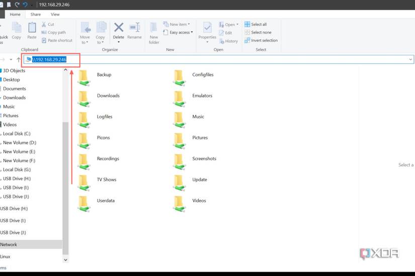 A screenshot of the File Explorer with the Address bar containing the IP address of a media server highlighted