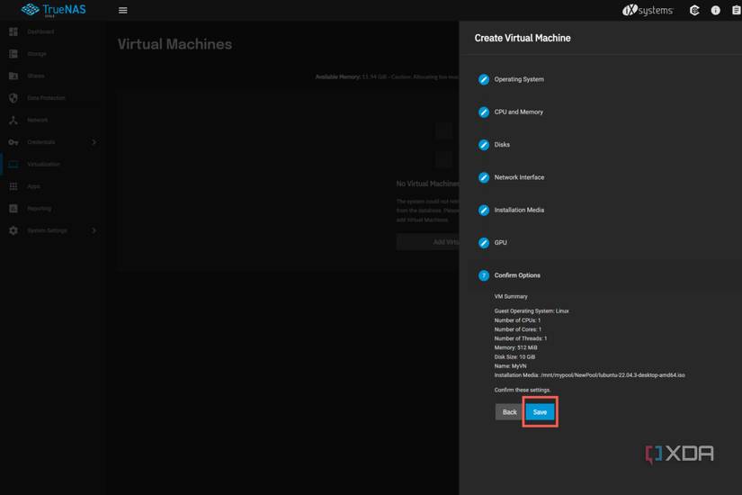 A screenshot of TrueNAS SCALE depicting the option to Save the virtual machine configuration