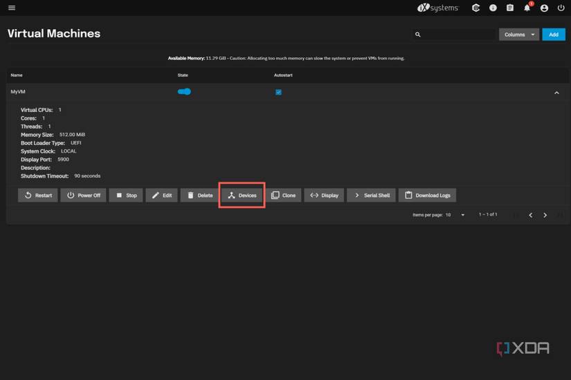 A screenshot of TrueNAS SCALE depicting the Devices option