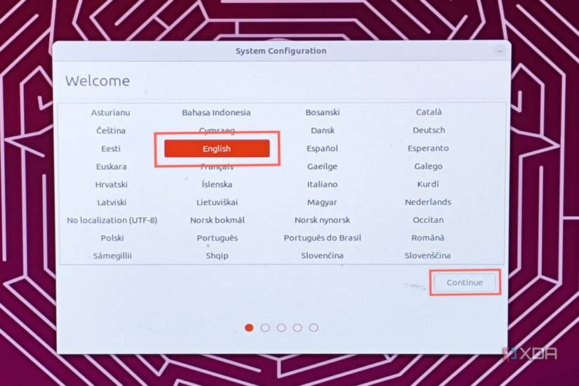 A screenshot of the initial Ubuntu setup depicting the system language settings