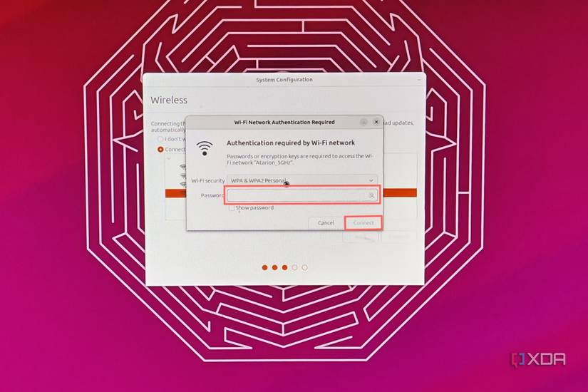 A screenshot of the initial Ubuntu setup with the Wi-Fi settings highlighted