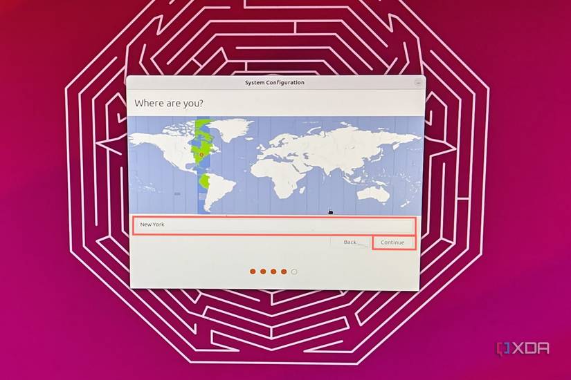 A screenshot of the initial Ubuntu setup with the Location option highlighted
