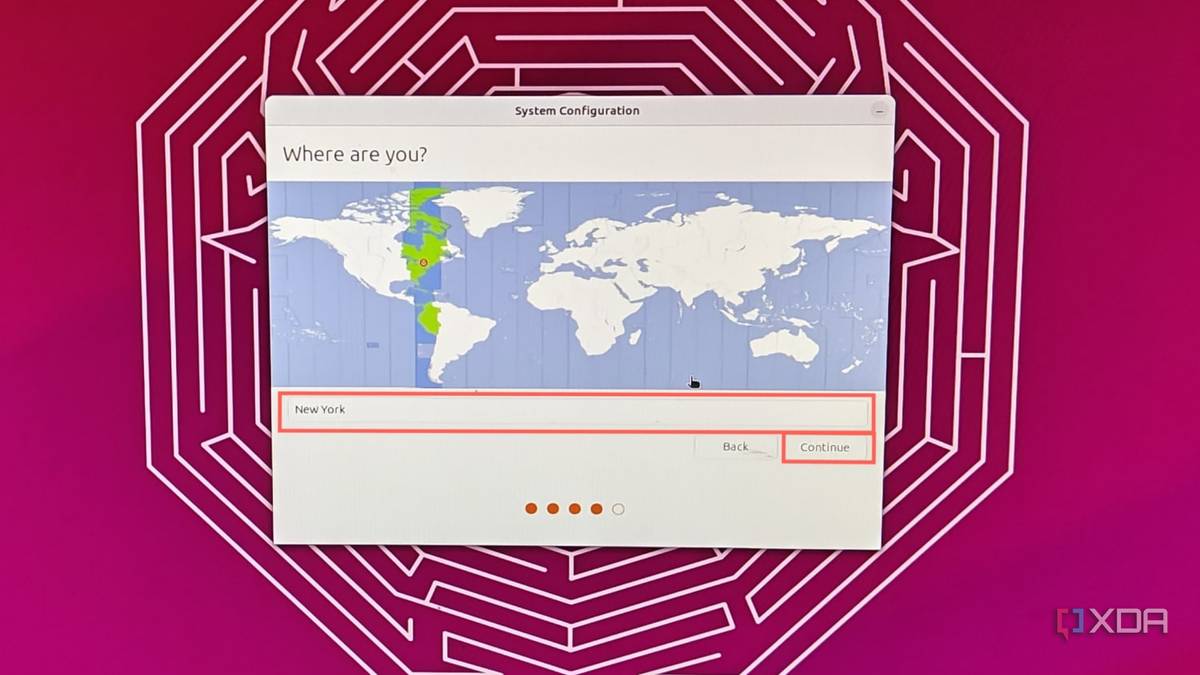 A screenshot of the initial Ubuntu setup with the Location option highlighted