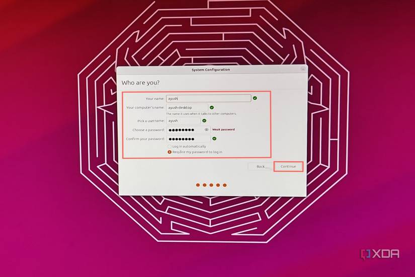 A screenshot of the initial Ubuntu setup with the username, password, and other highlighted