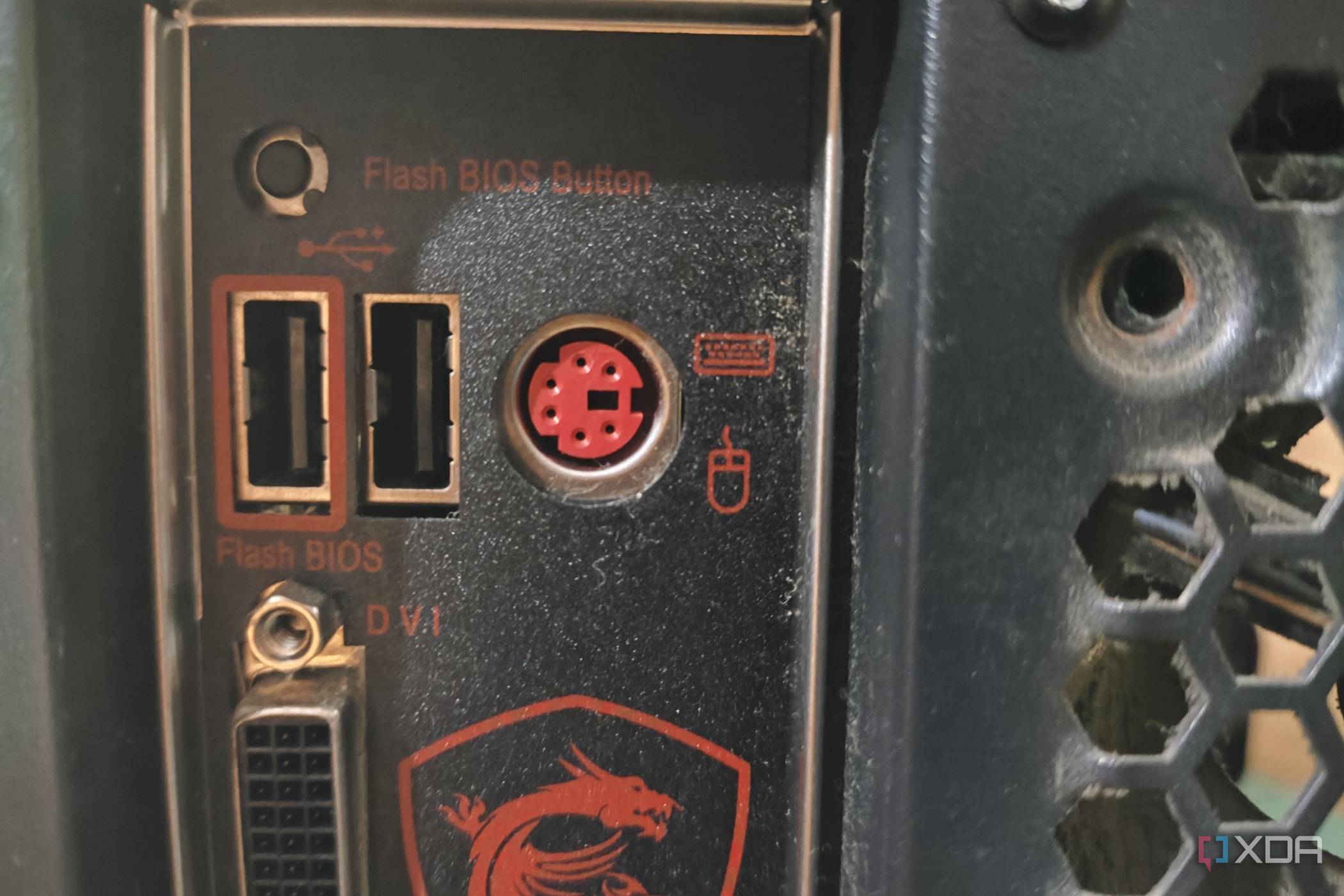 An image of an MSI motherboard with the Flash BIOS button.