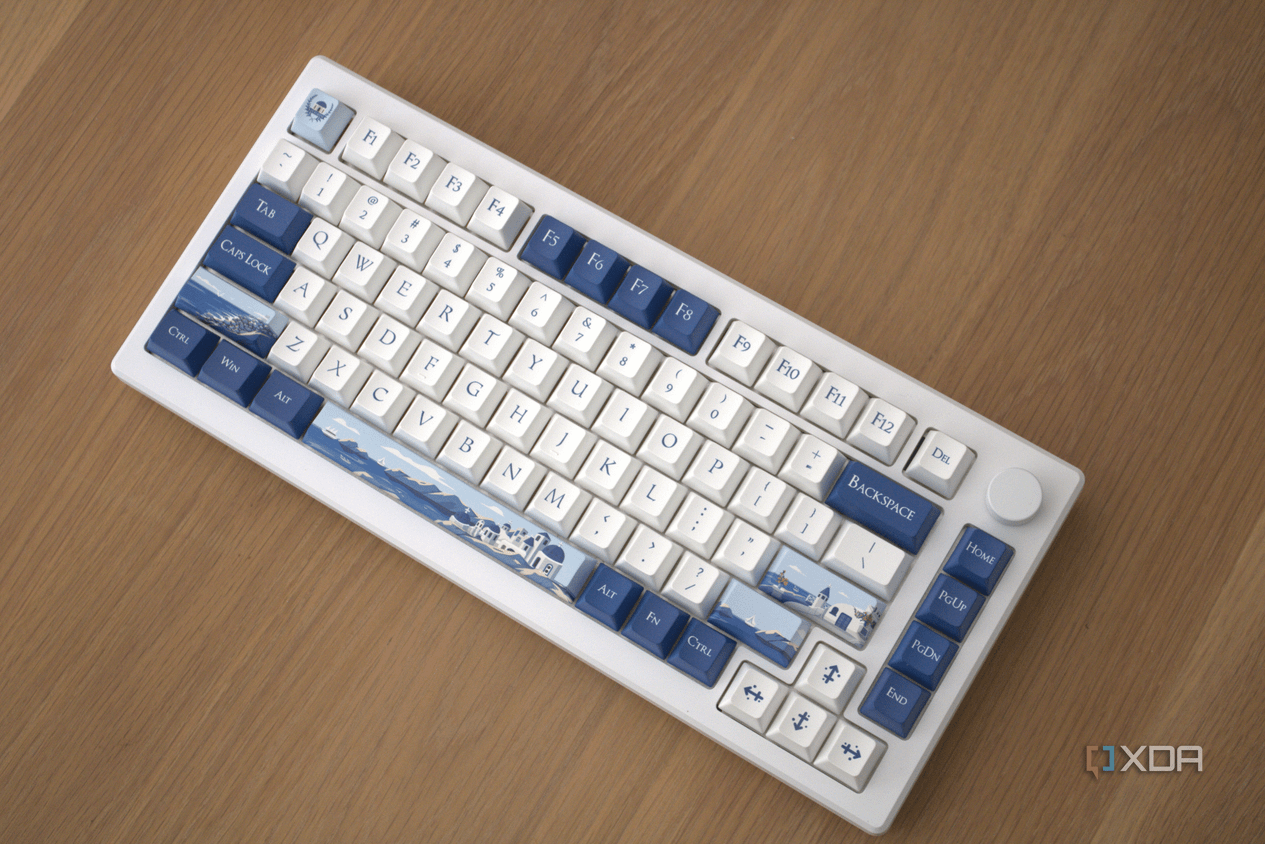 The Akko Santorini against a wooden background with the keyboard at a 45 degree angle
