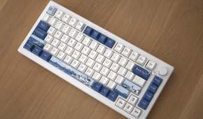 The Akko Santorini against a wooden background with the keyboard at a 45 degree angle