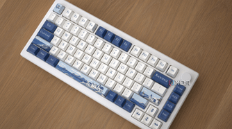 The Akko Santorini against a wooden background with the keyboard at a 45 degree angle
