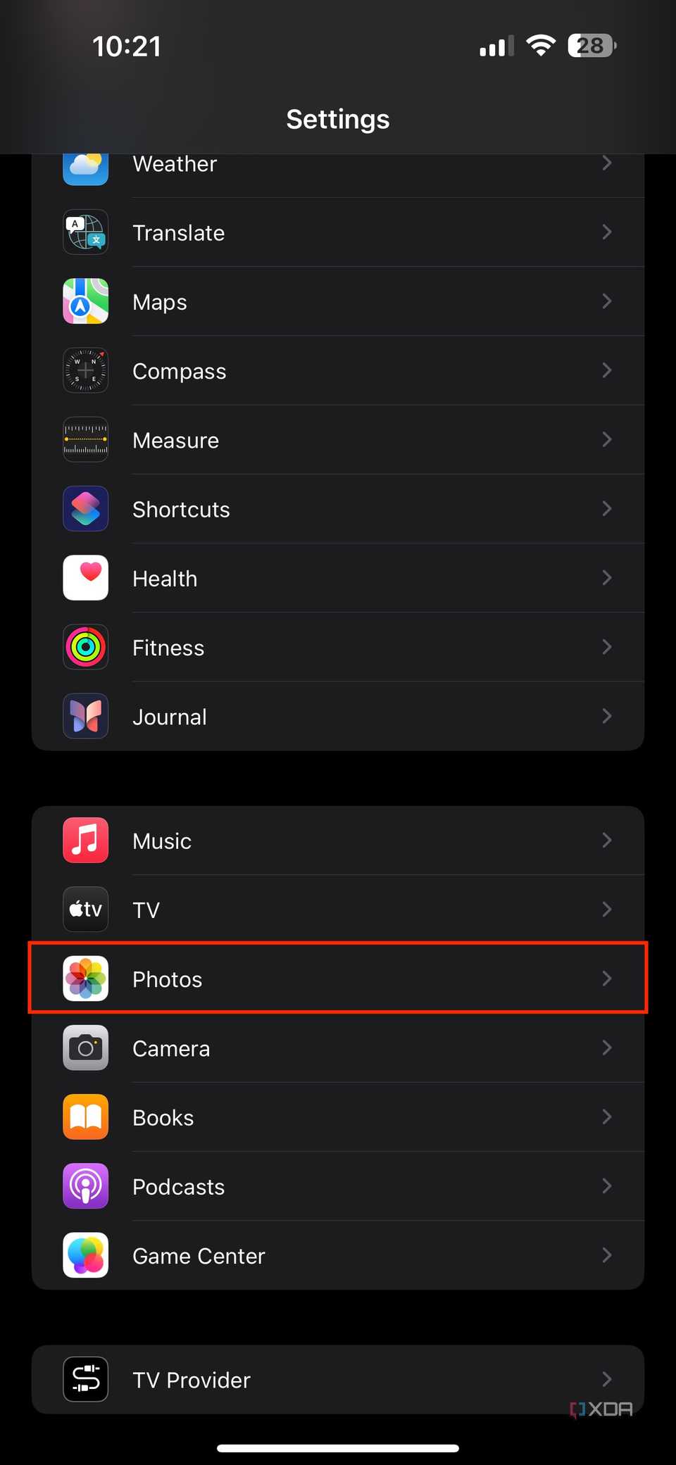 photos section in settings app on iOS