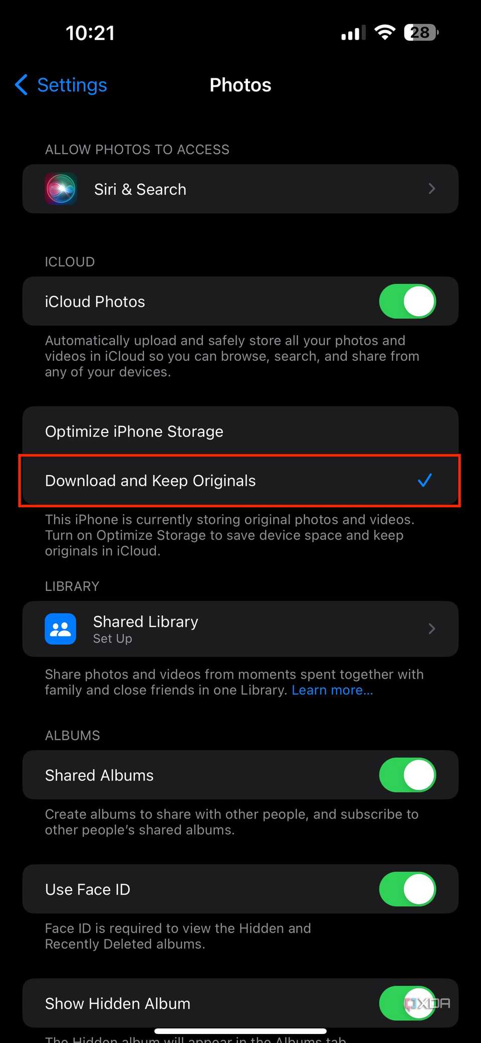 download and keep originals option in photos setting on iOS