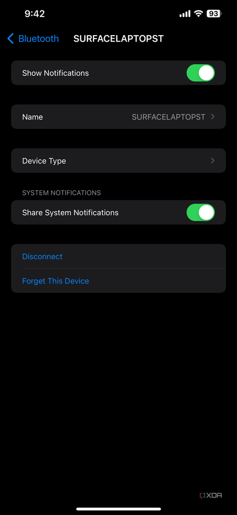 A screenshot of the Blueooth settings page on an iPhone for a Windows PC