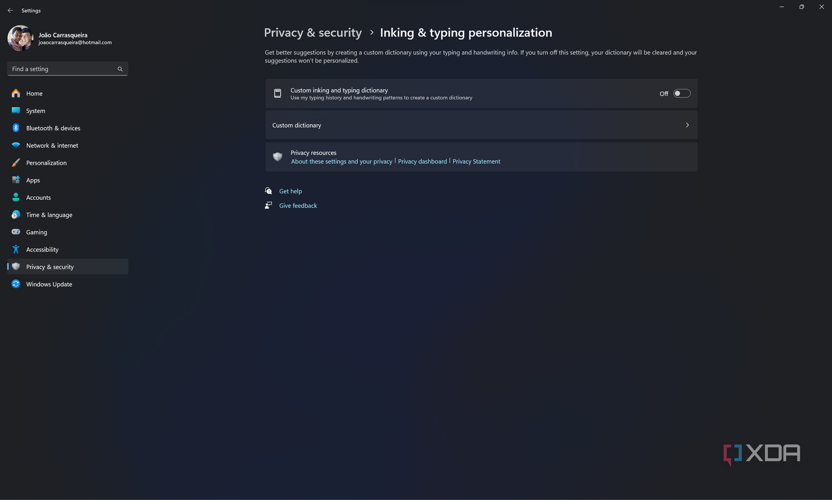 Screenshot of Windows inking and typing personalization