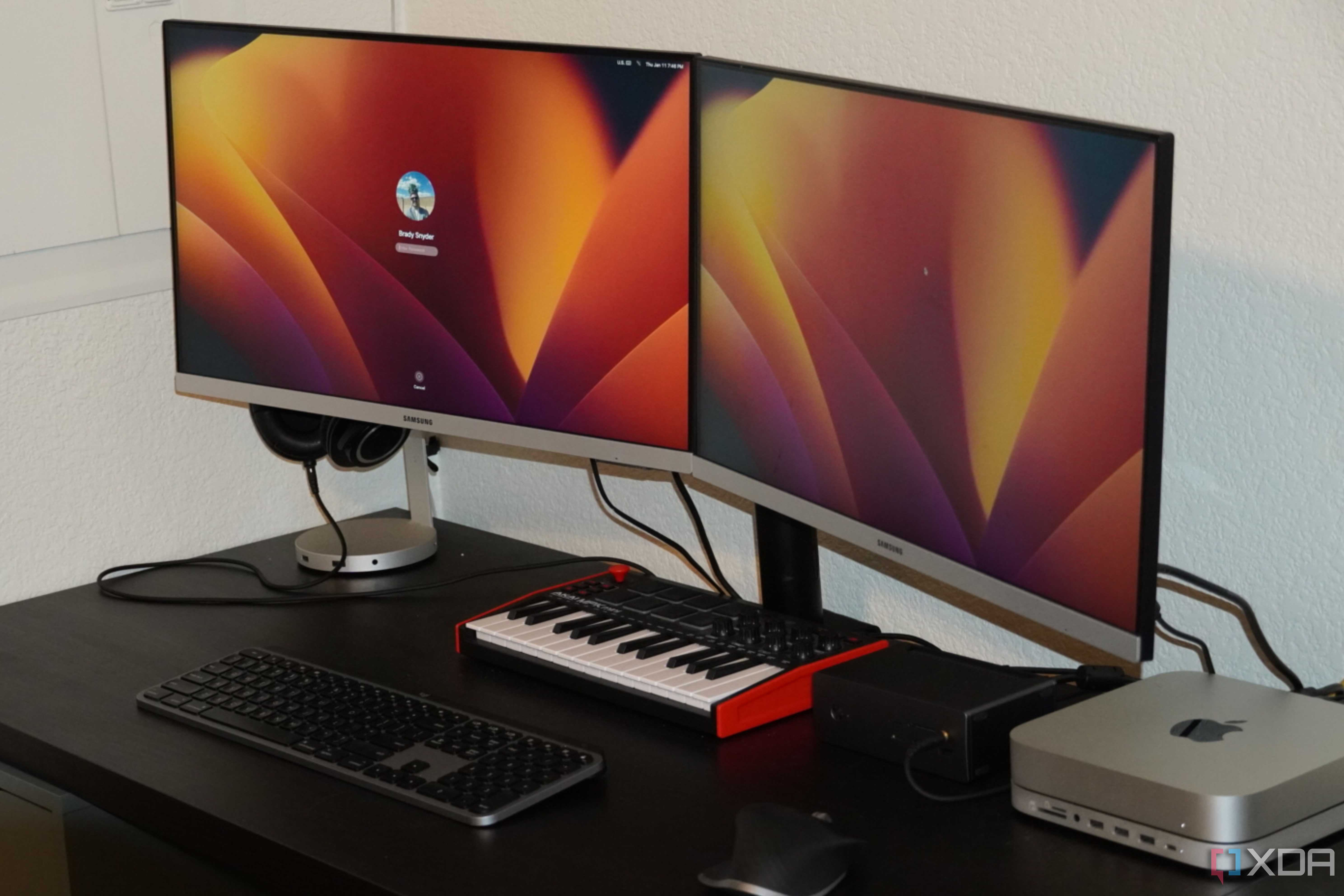 Two monitors propped up on the Insignia monitor mount.