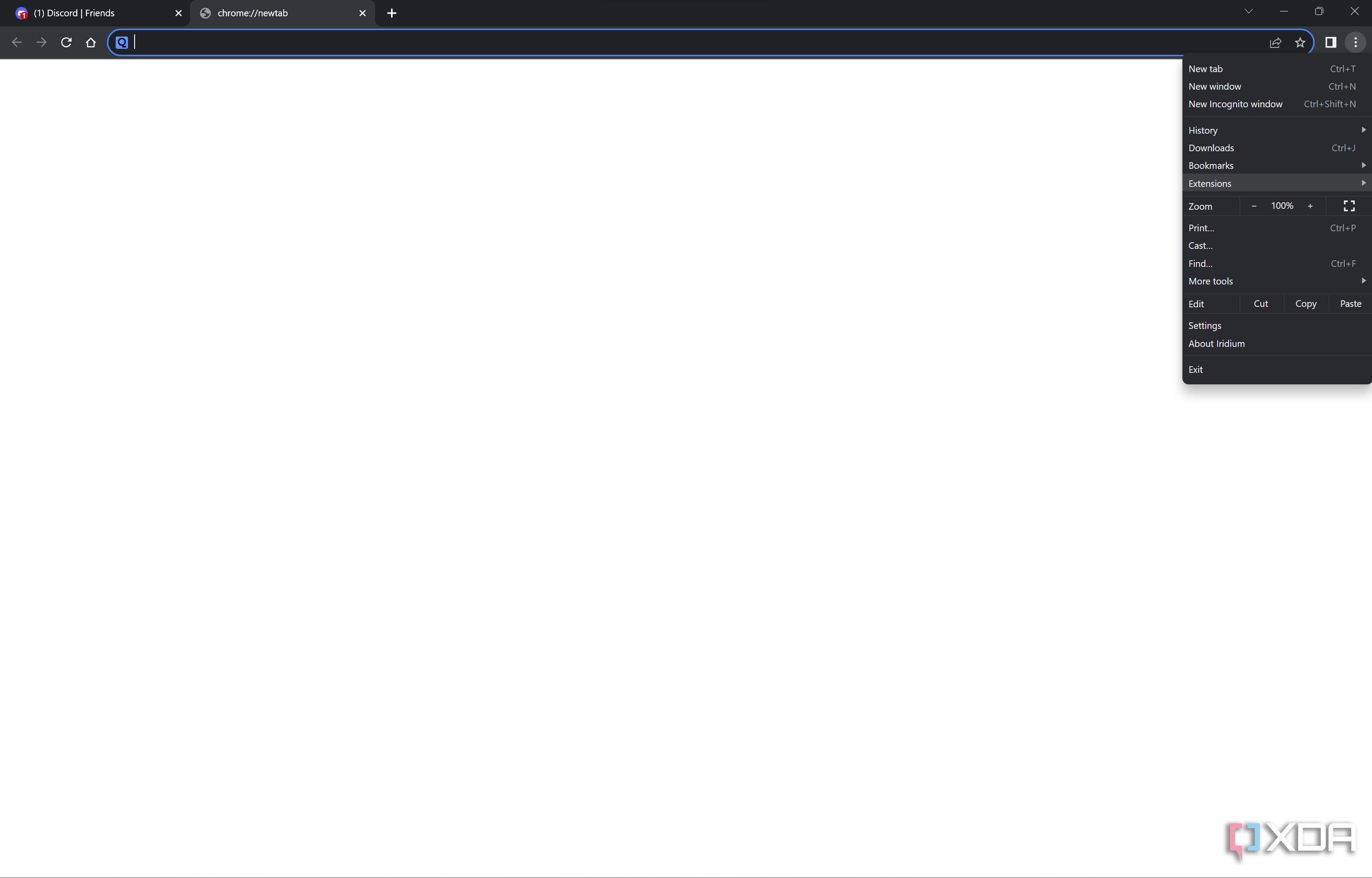 Screenshot of the Iridium browser home page with the browser menu open