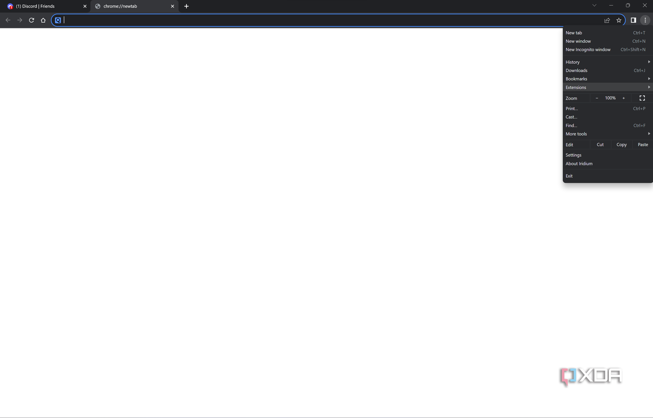Screenshot of the Iridium browser home page with the browser menu open