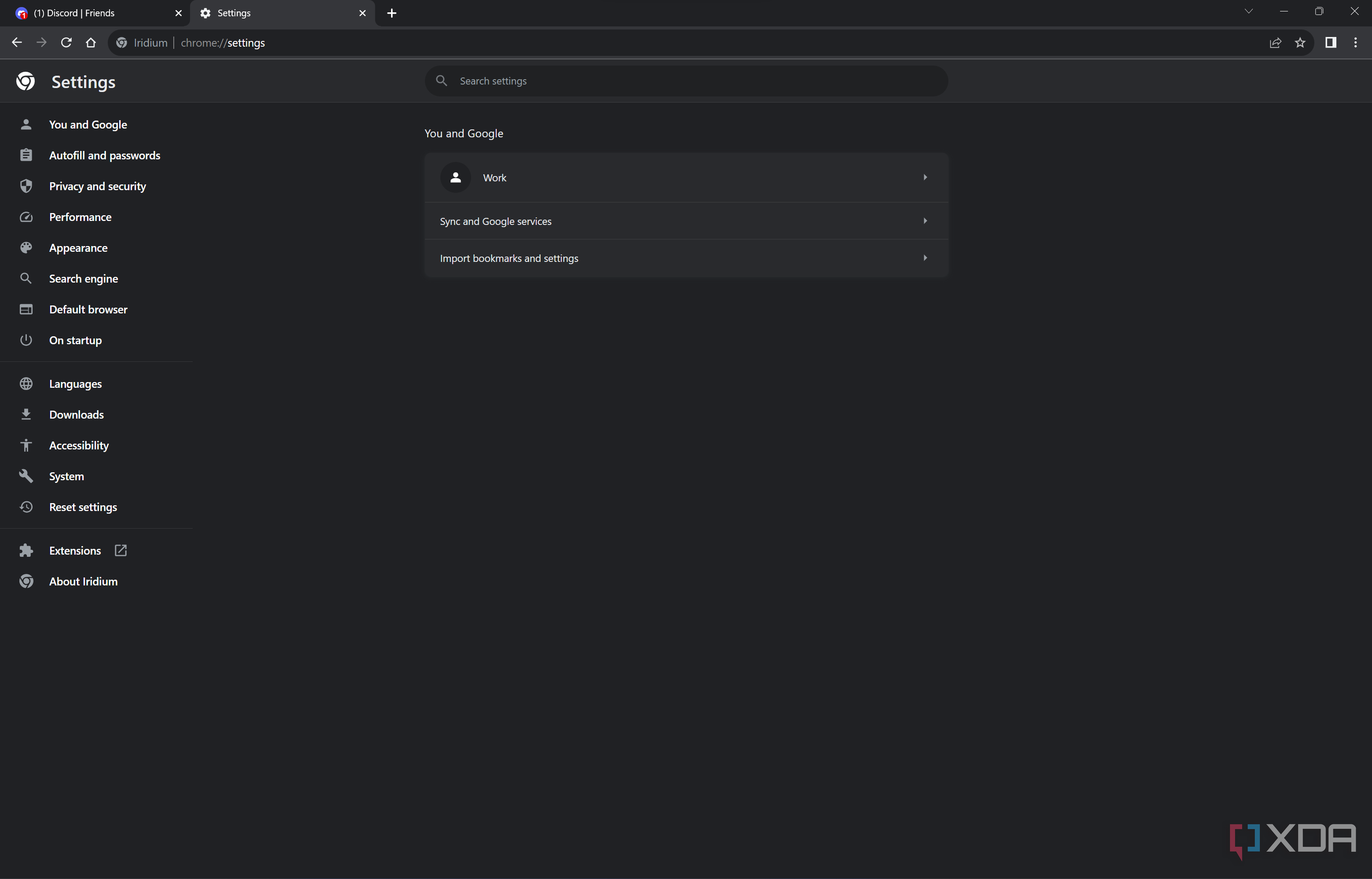 Screenshot of Iridium browser settings