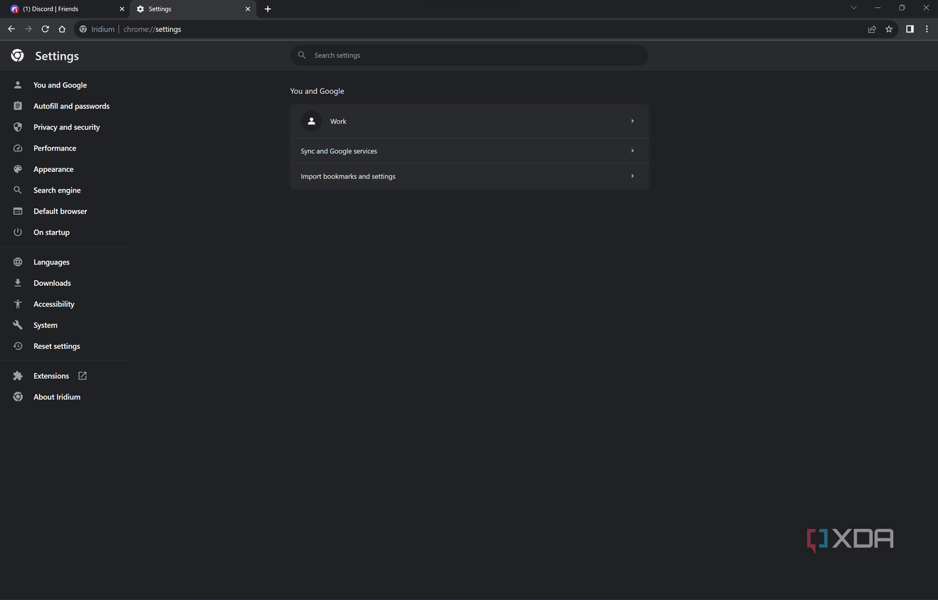 Screenshot of Iridium browser settings