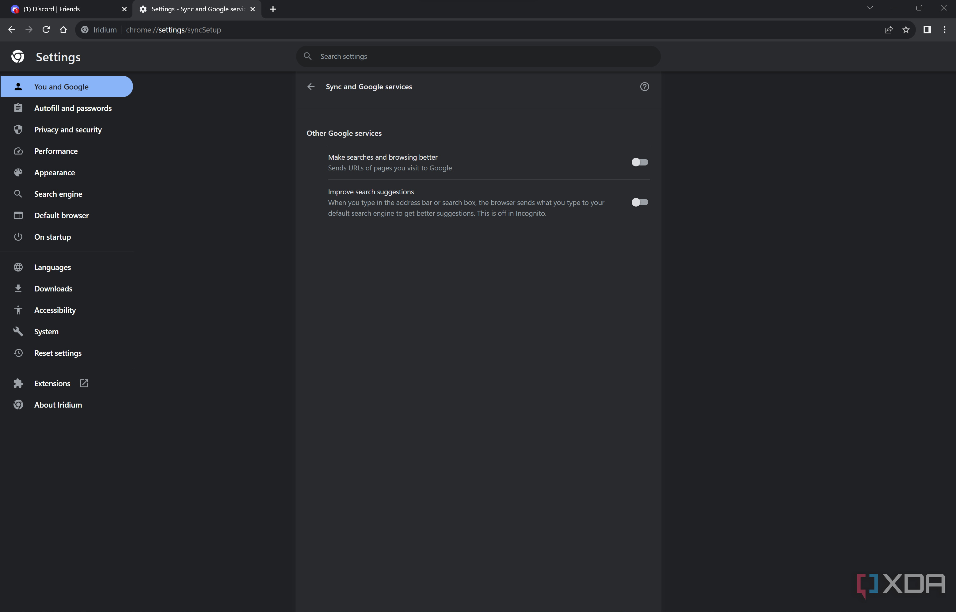 Screenshot of Iridium browser settings showing there is no option to sign in with a Google account