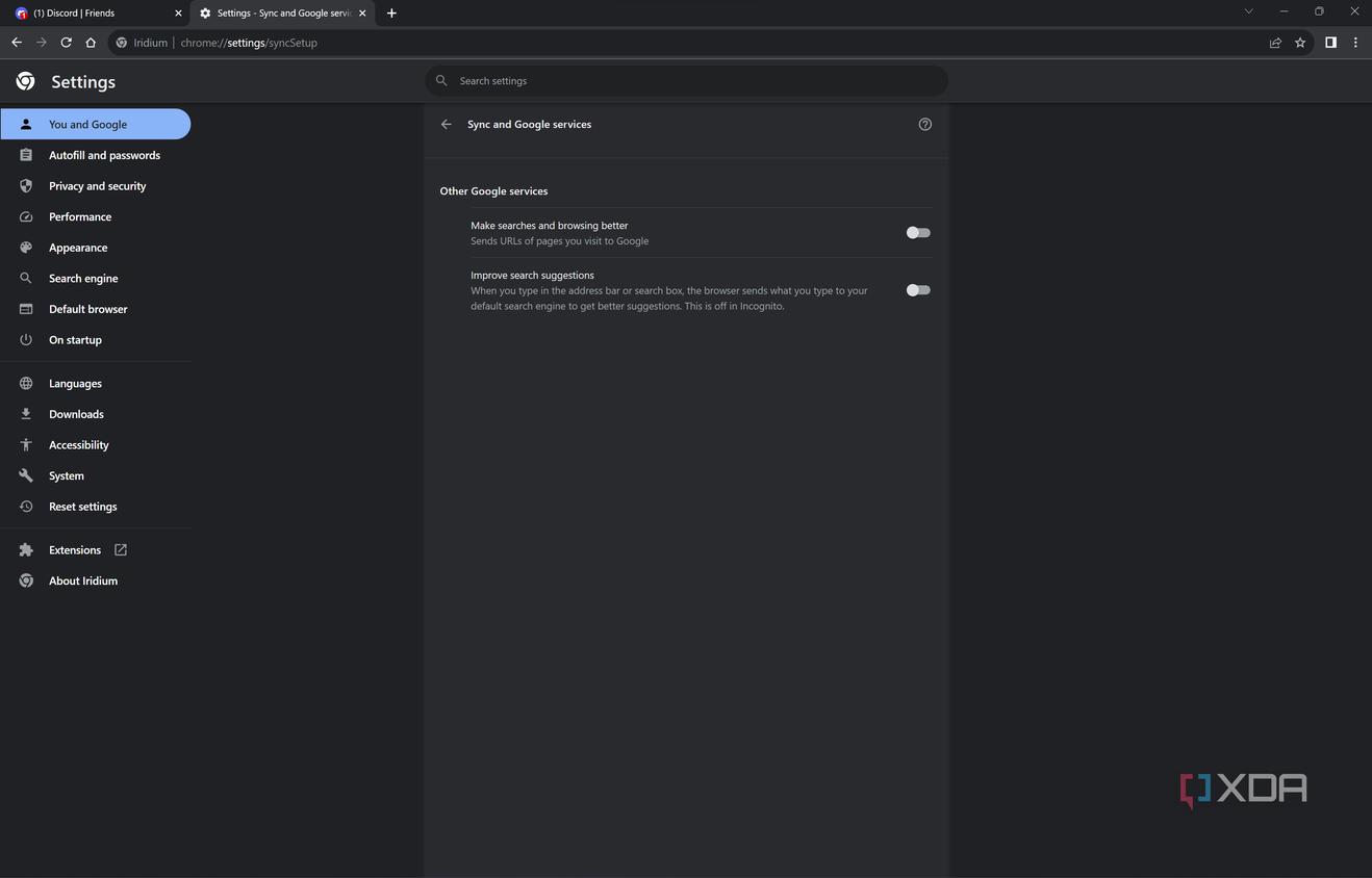 Screenshot of Iridium browser settings showing there is no option to sign in with a Google account