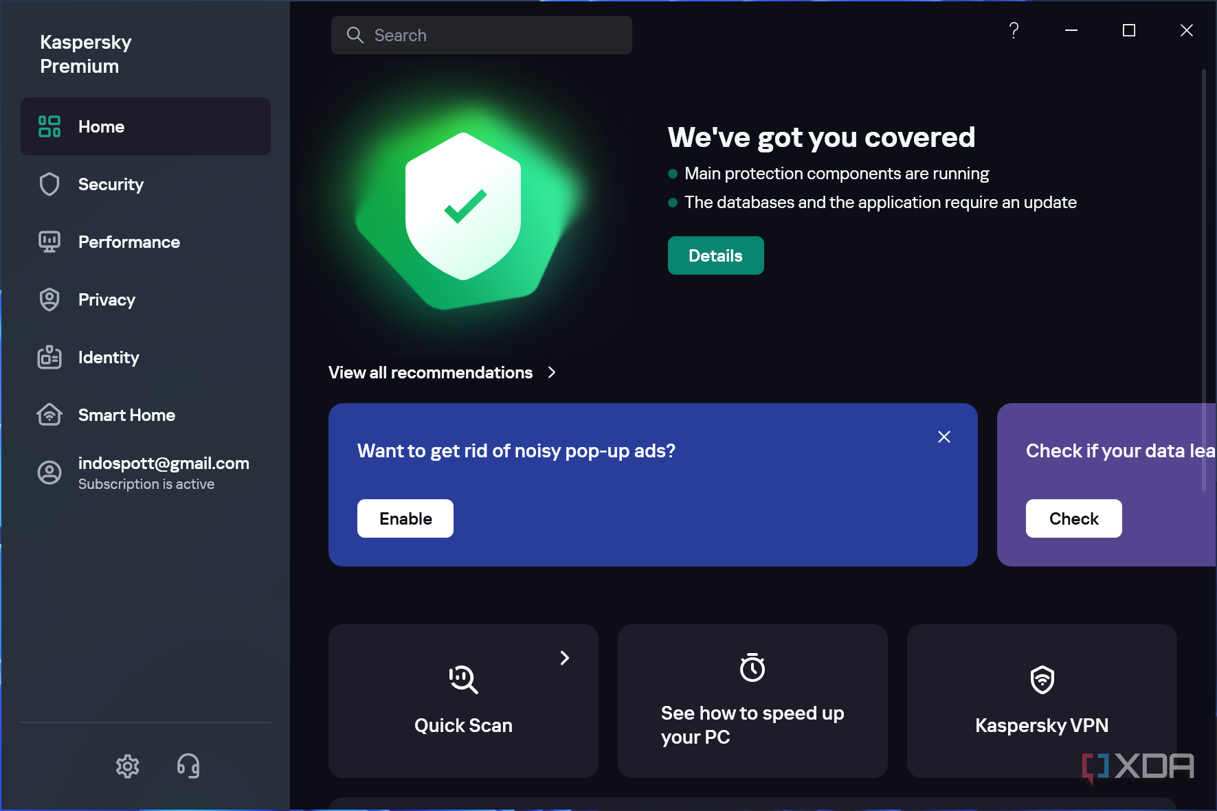 Screenshot of the homepage in Kaspersky Premium