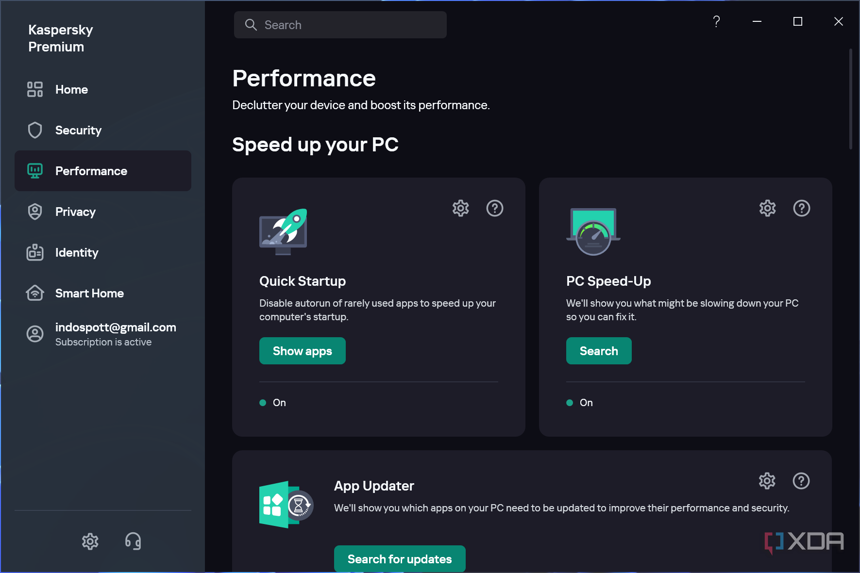 Screenshot of the performance section in Kaspersky Premium