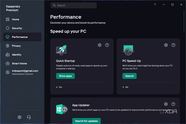 Screenshot of the performance section in Kaspersky Premium