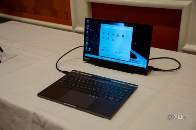 A Lenovo ThinkBook Plus Gen 5 Hybrid Station connected to an external display