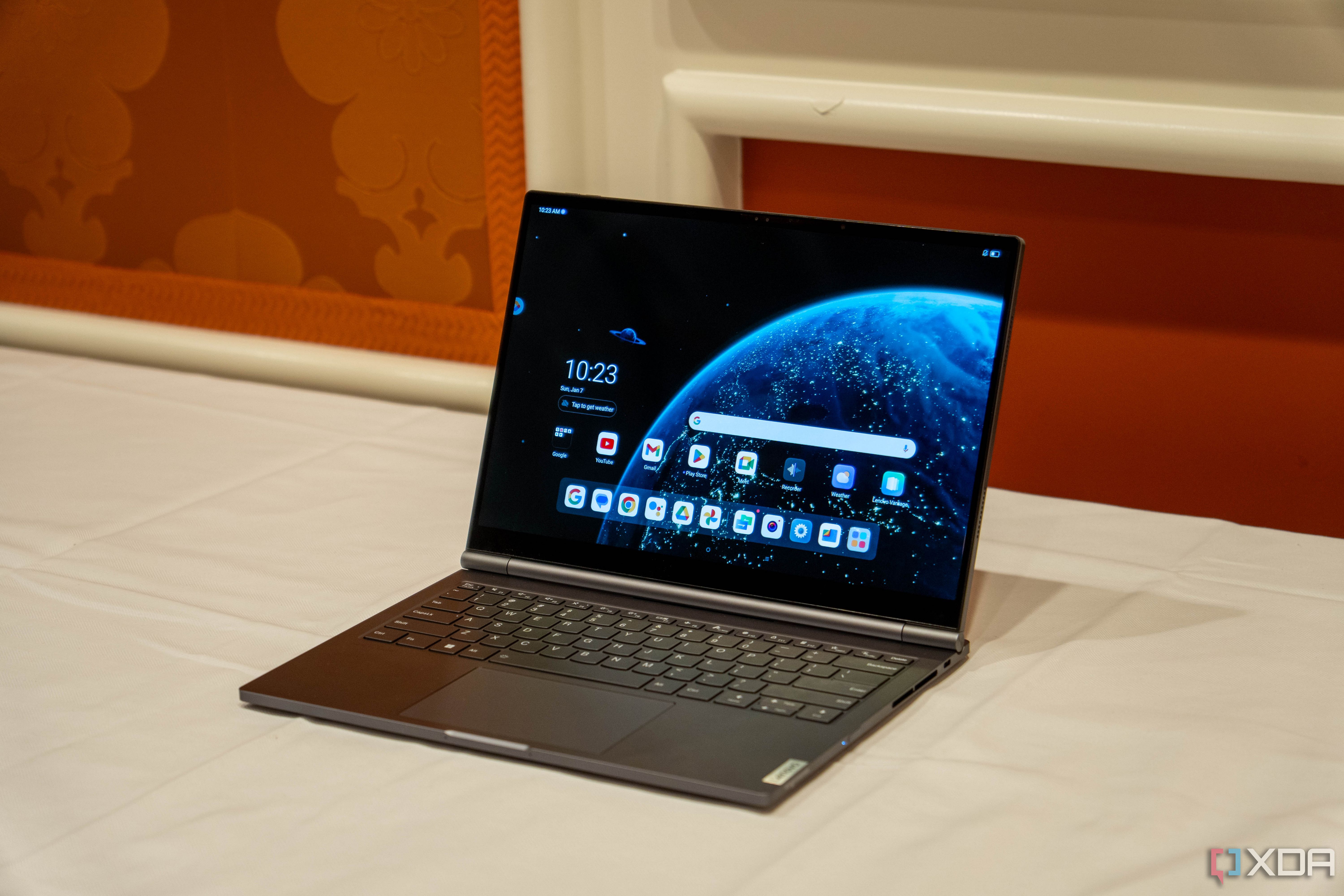 Angled view of the Lenovo ThinkBook Plus Gen 5 Hybrid laptop running Android