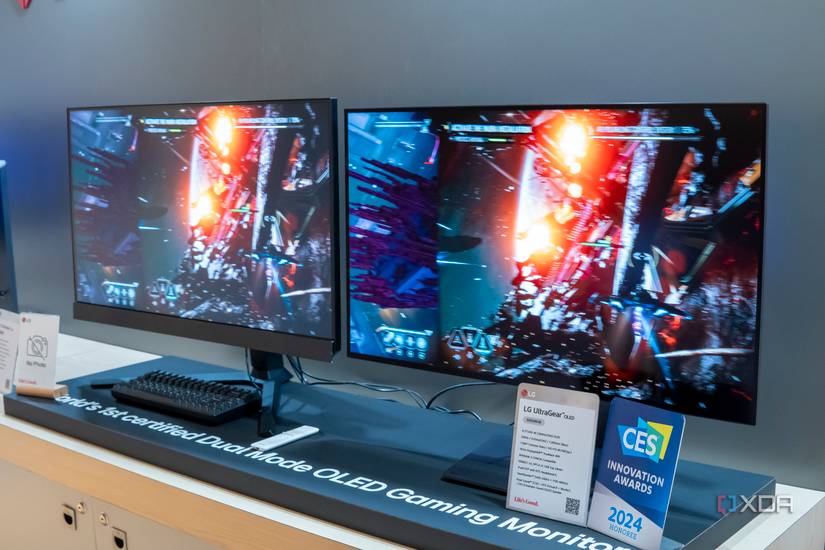 An LG UltraGear 32GS95UE monitor next to a competitor