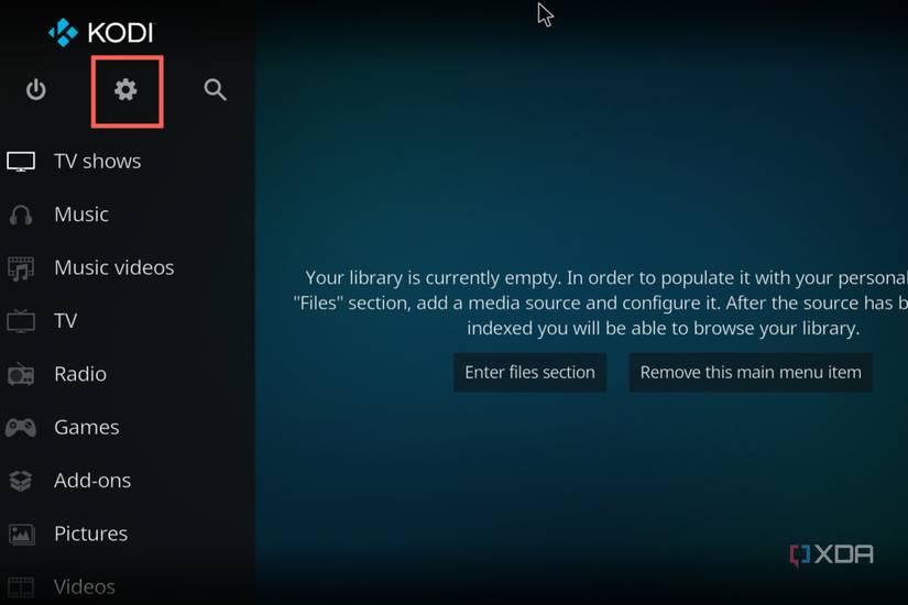 A screenshot of LibeELEC with the Settings icon highlighted