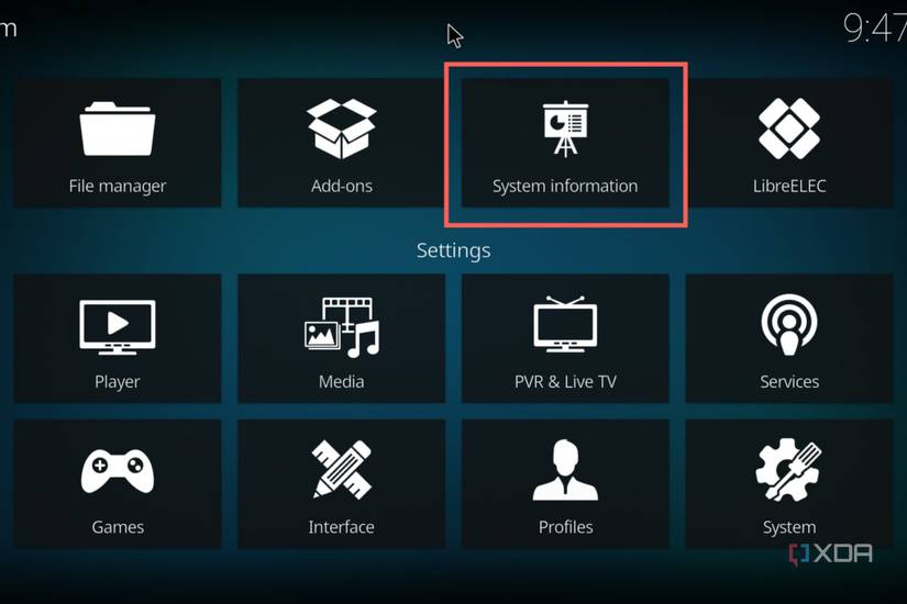A screenshot of LibeELEC with the System information tab highlighted 