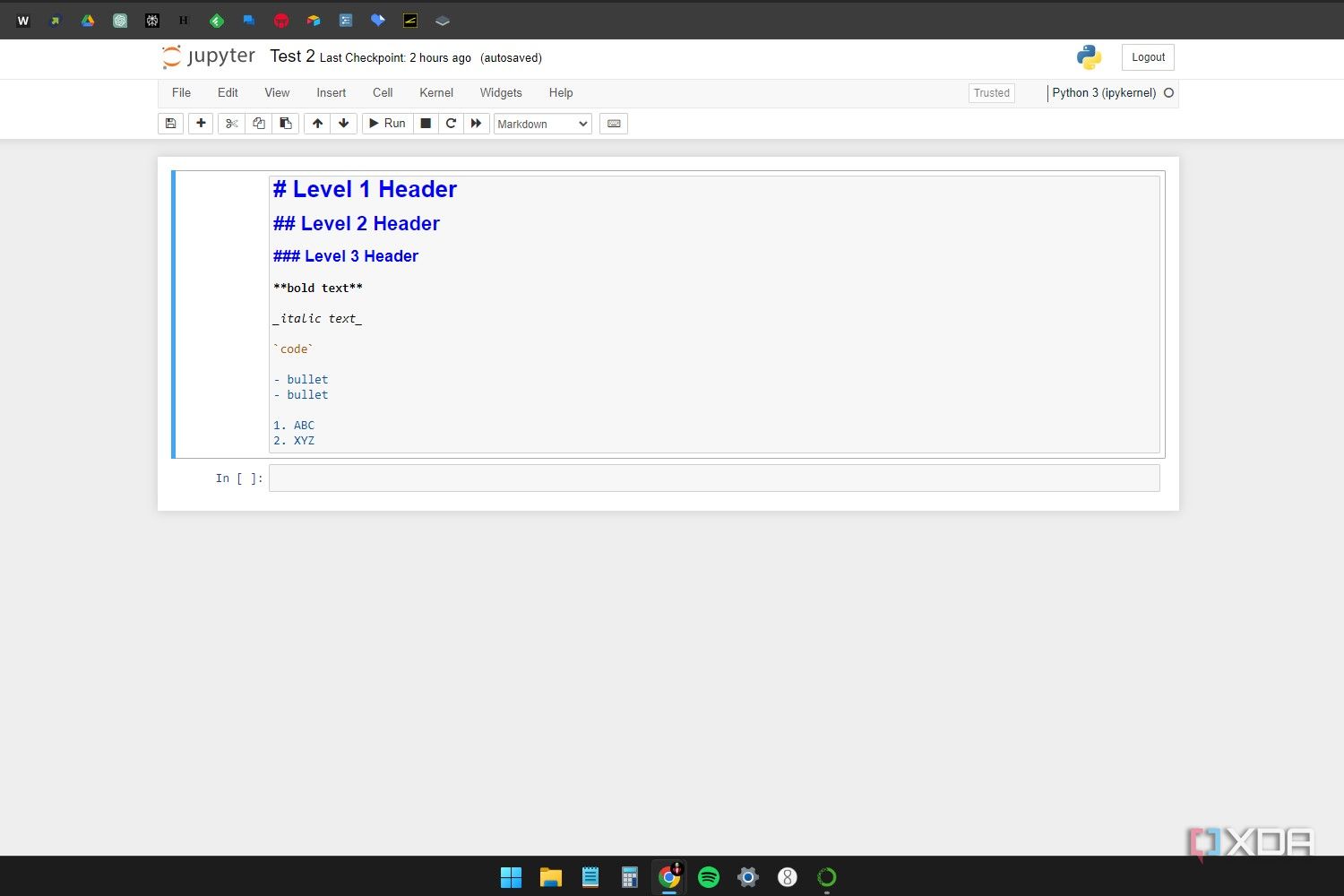 Windows 11 screenshot with an active Jupyter Notebook window that shows all the formatting options available in Markdown mode. 