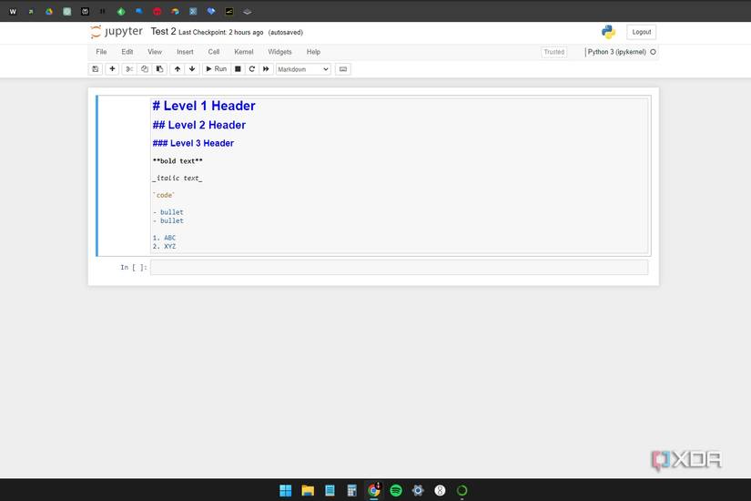Windows 11 screenshot with an active Jupyter Notebook window that shows all the formatting options available in Markdown mode. 