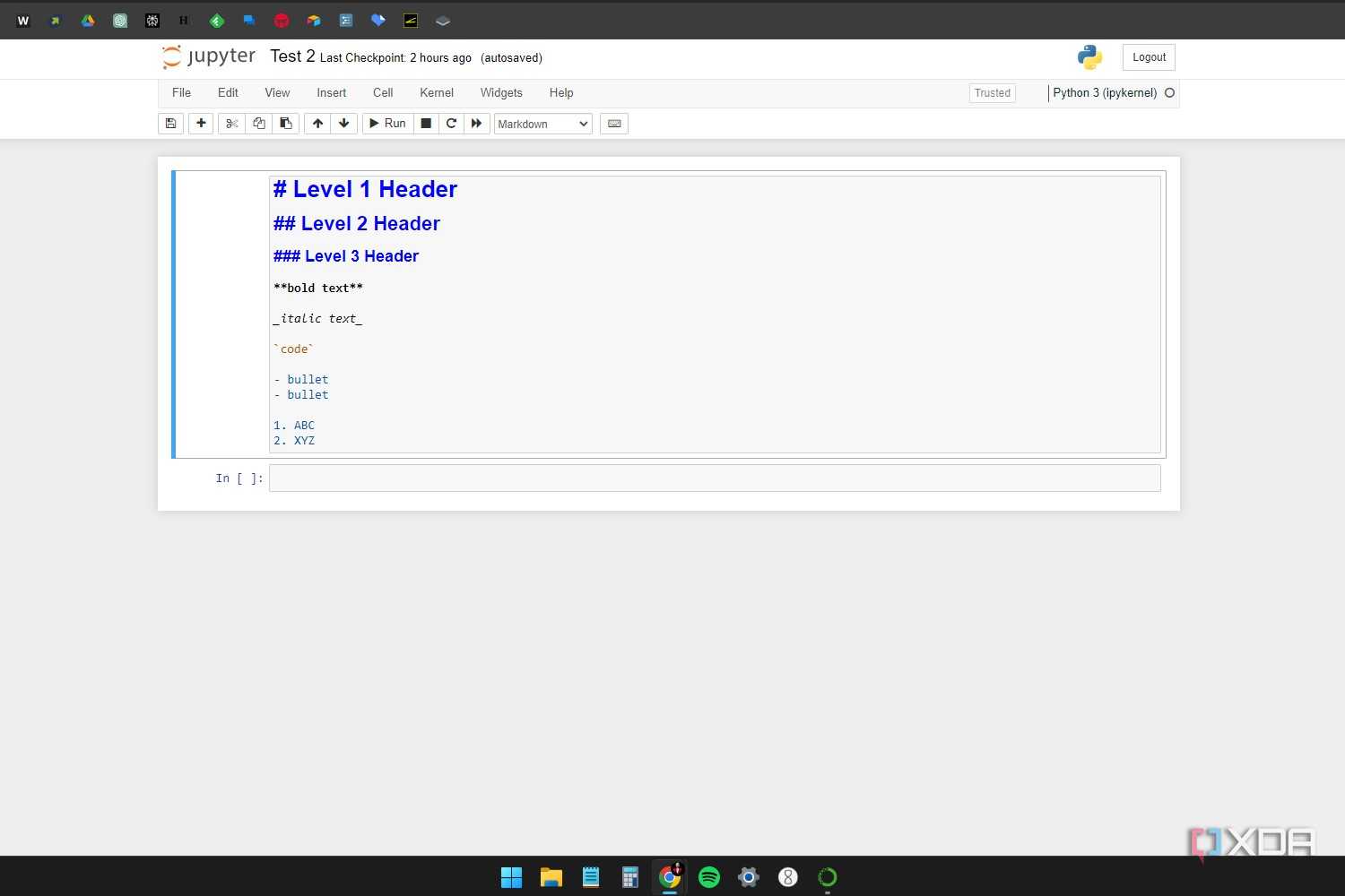 Windows 11 screenshot with an active Jupyter Notebook window that shows all the formatting options available in Markdown mode.