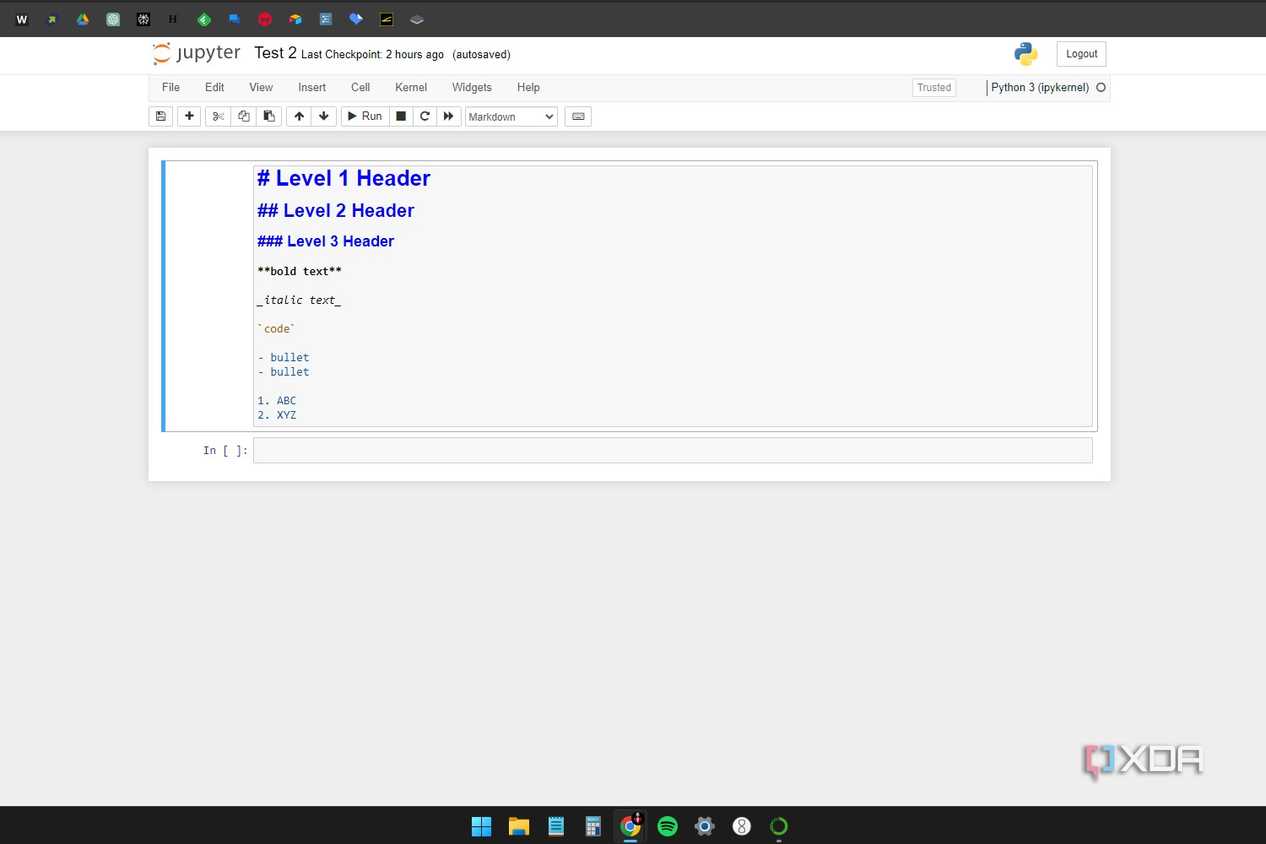 Windows 11 screenshot with an active Jupyter Notebook window that shows all the formatting options available in Markdown mode.