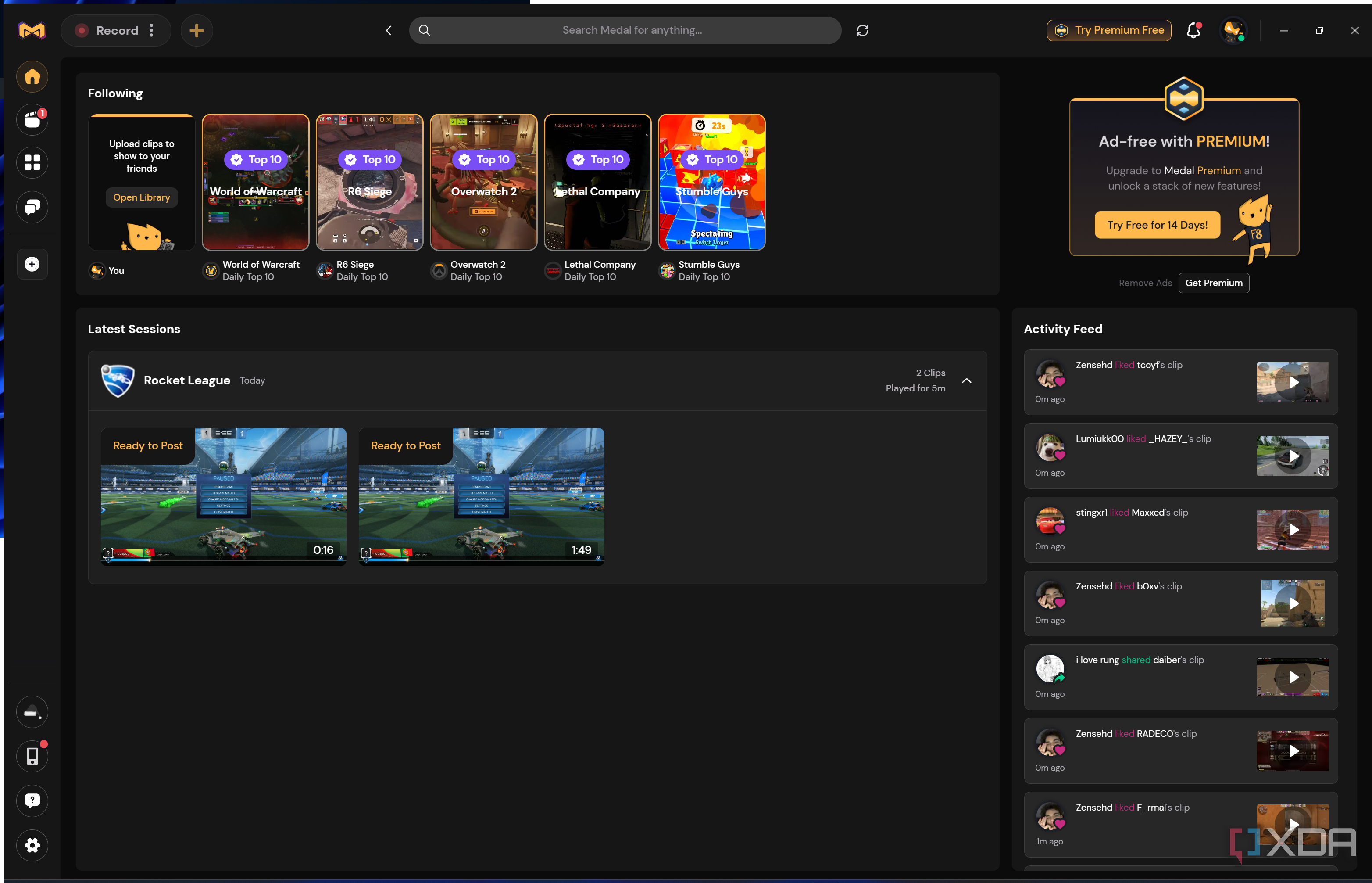 Screenshot of the home page in Medal