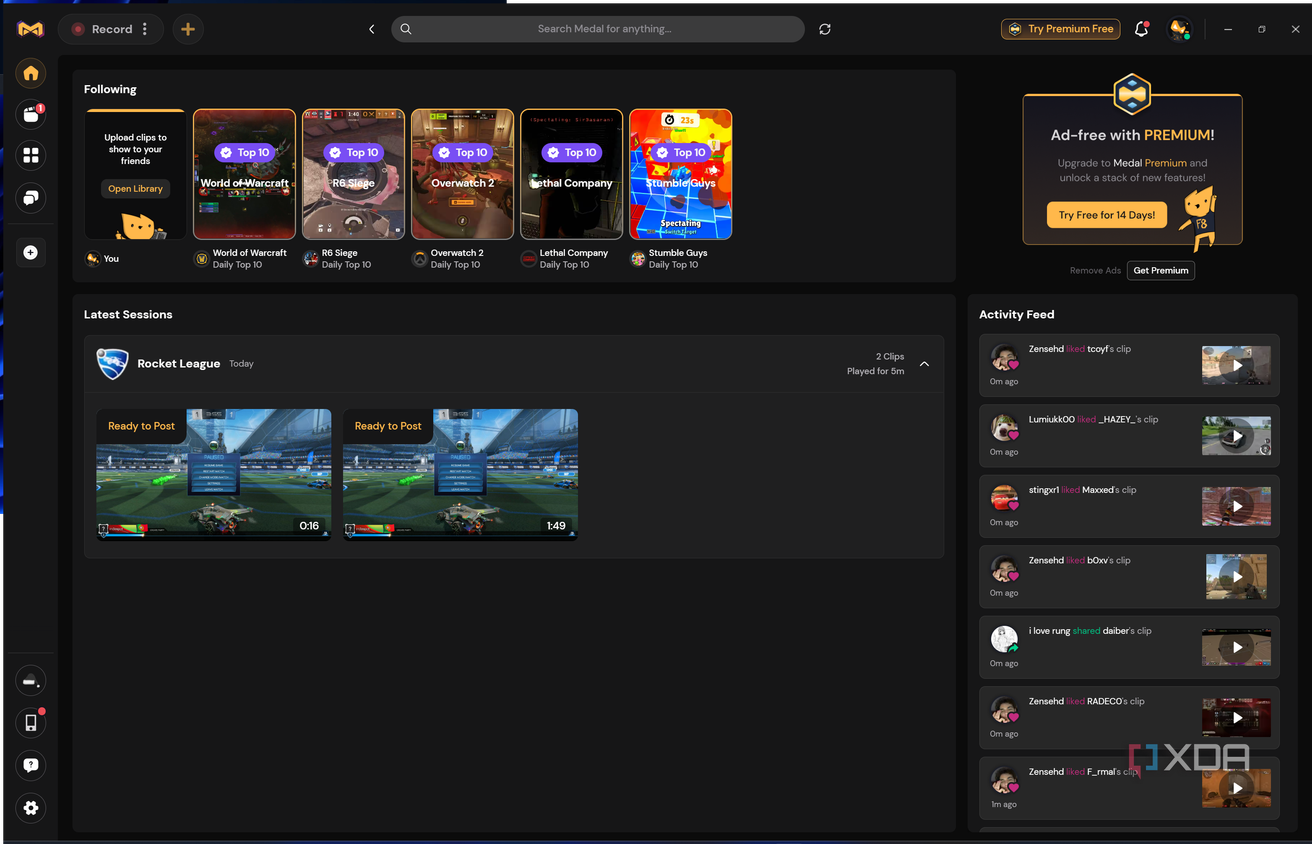 Screenshot of the home page in Medal