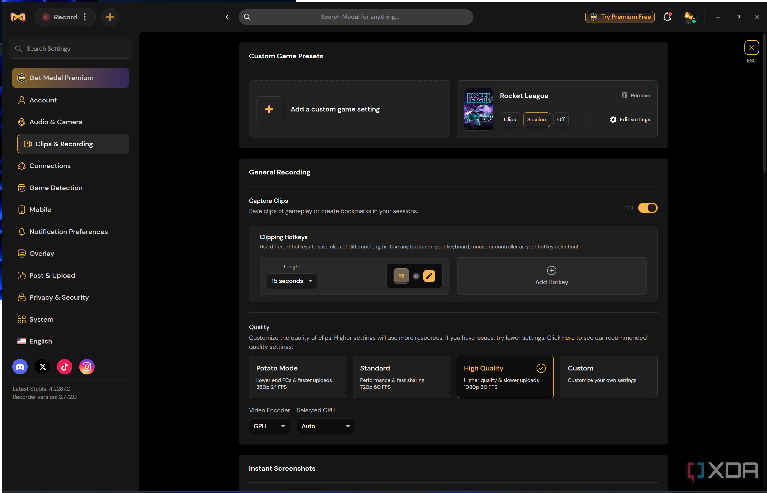 Screenshot of clip and recording settings in Medal