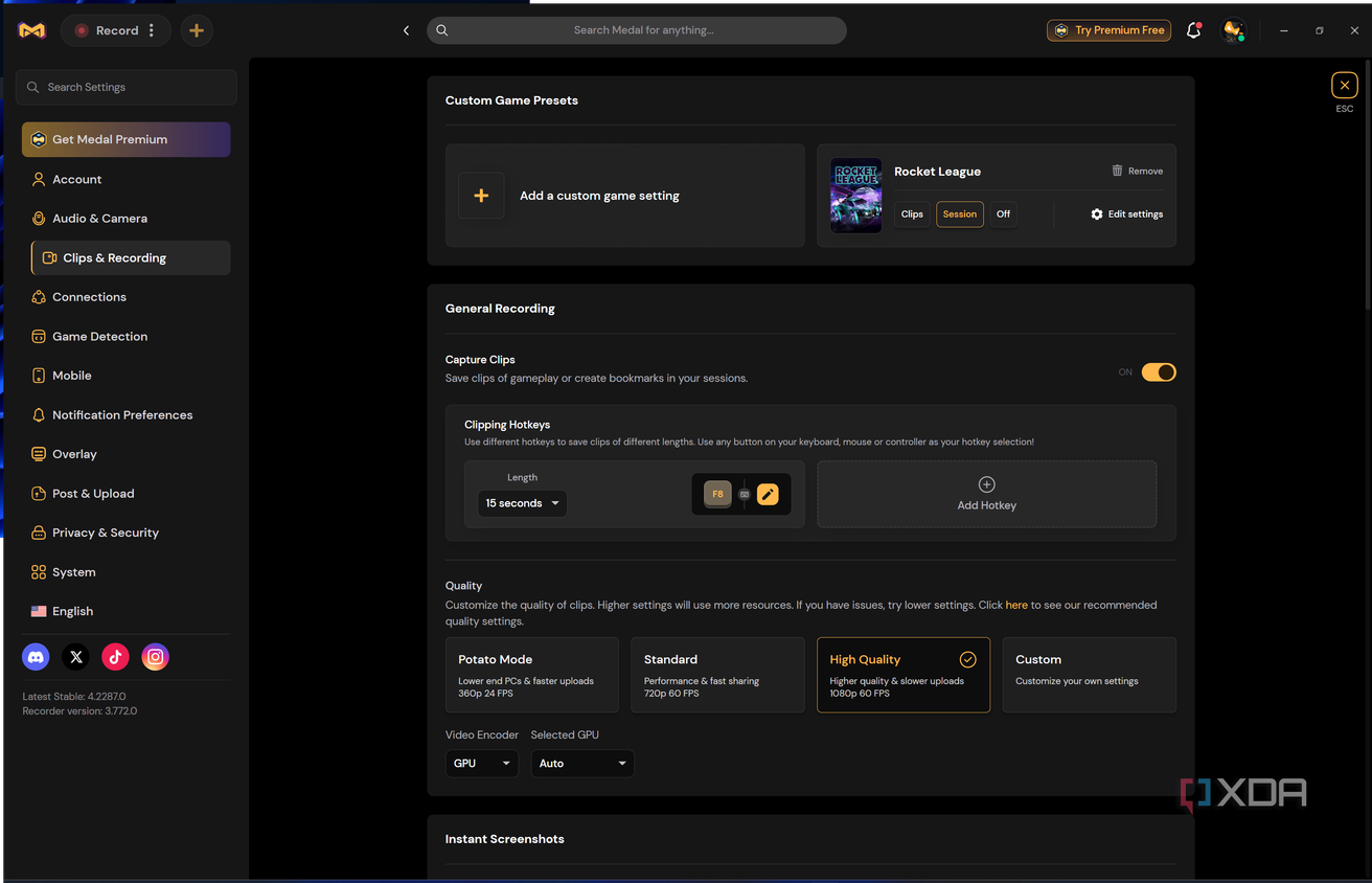 Screenshot of clip and recording settings in Medal