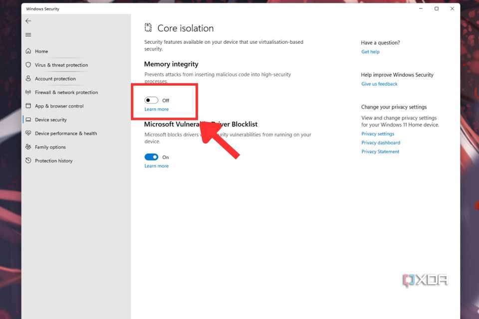 A screenshot showing the highlighted Memory integrity toggle in Windows settings.