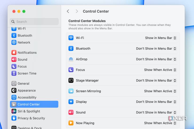 Menu Bar modules listed in the System Settings app.