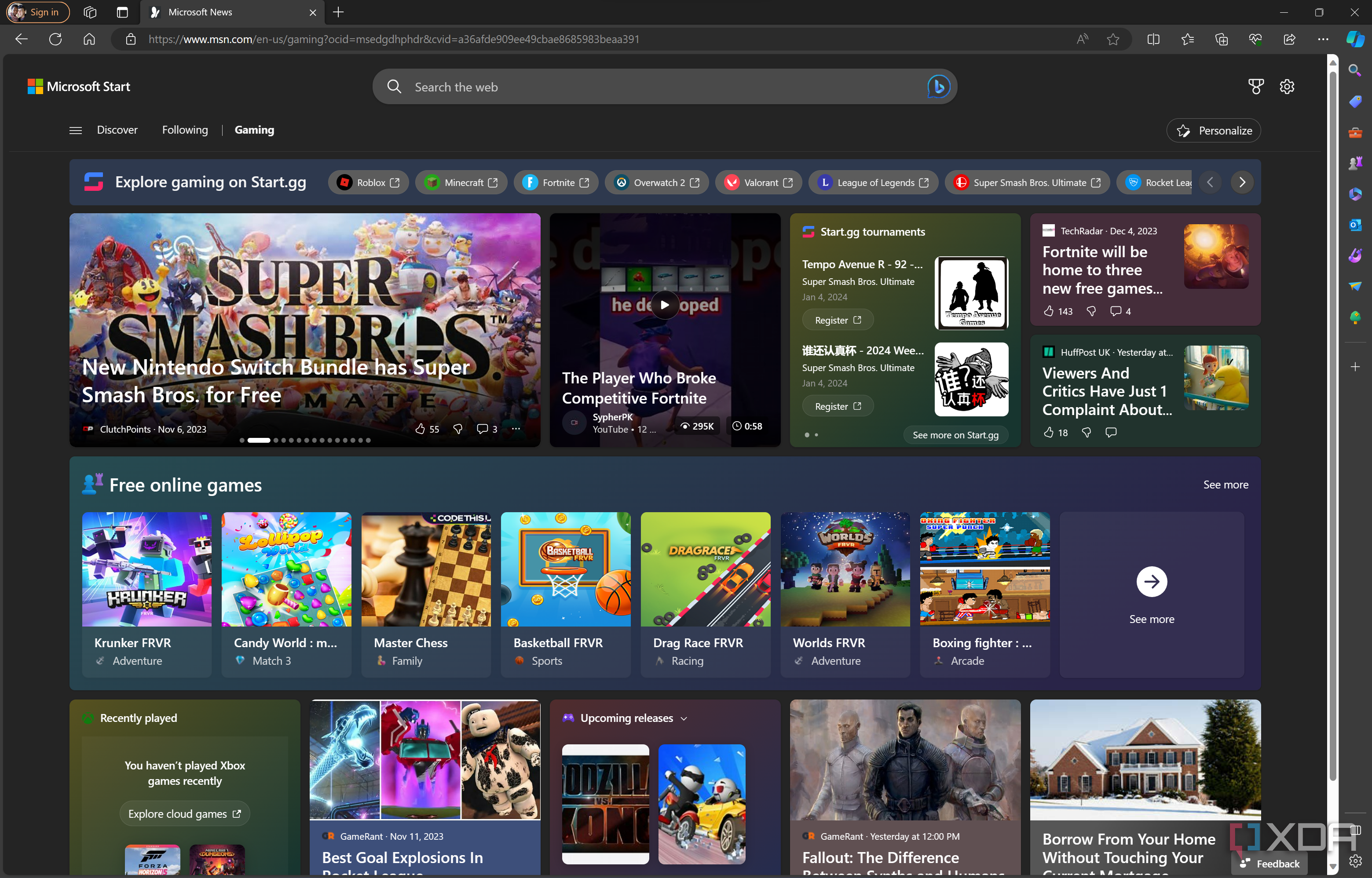 Screenshot of the Microsoft Edge gaming homepage