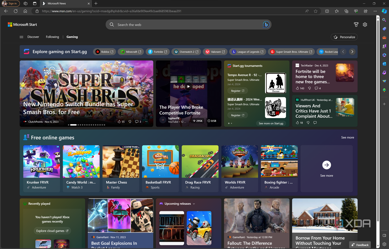 Screenshot of the Microsoft Edge gaming homepage